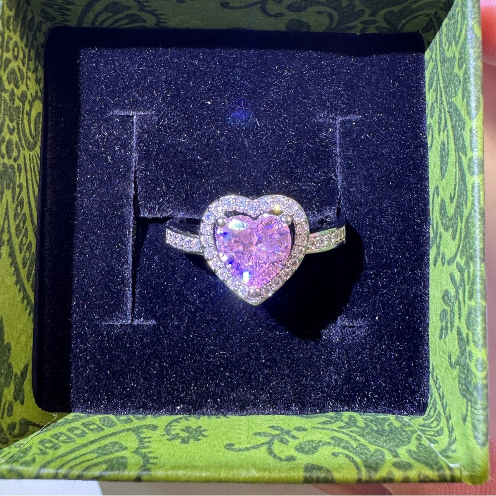 Heart-Shaped Pink Stone Silver Ring - Picture 1 of 4